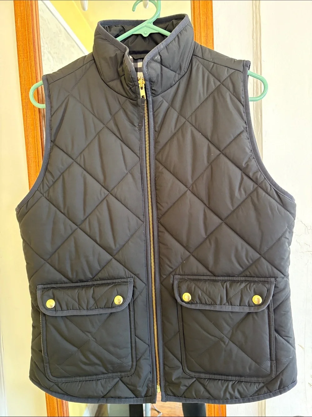 J. Crew Quilted Black womens Vest with Gingham Lining